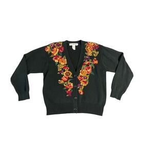 JH Collectibles 90s Vintage Black & Floral Knit Cardigan Sweater Size Medium